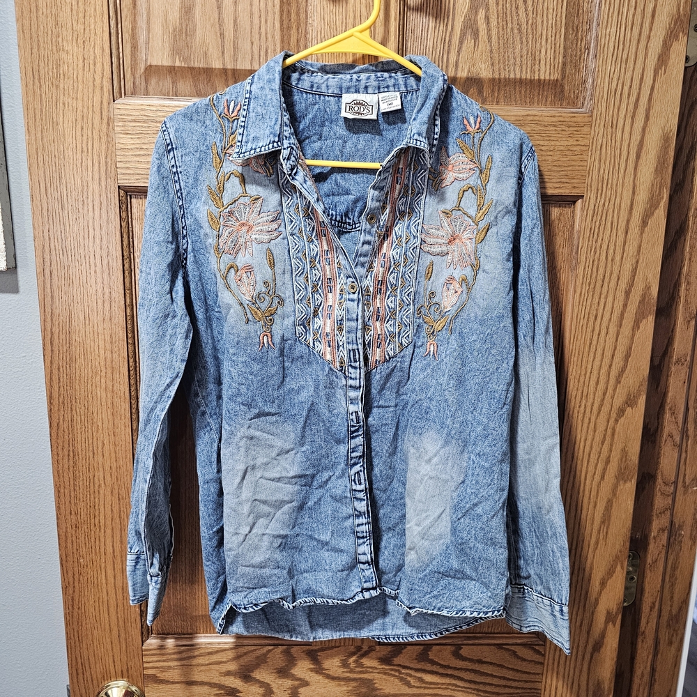 Vintage Embroidered Denim Button-Up Shirt